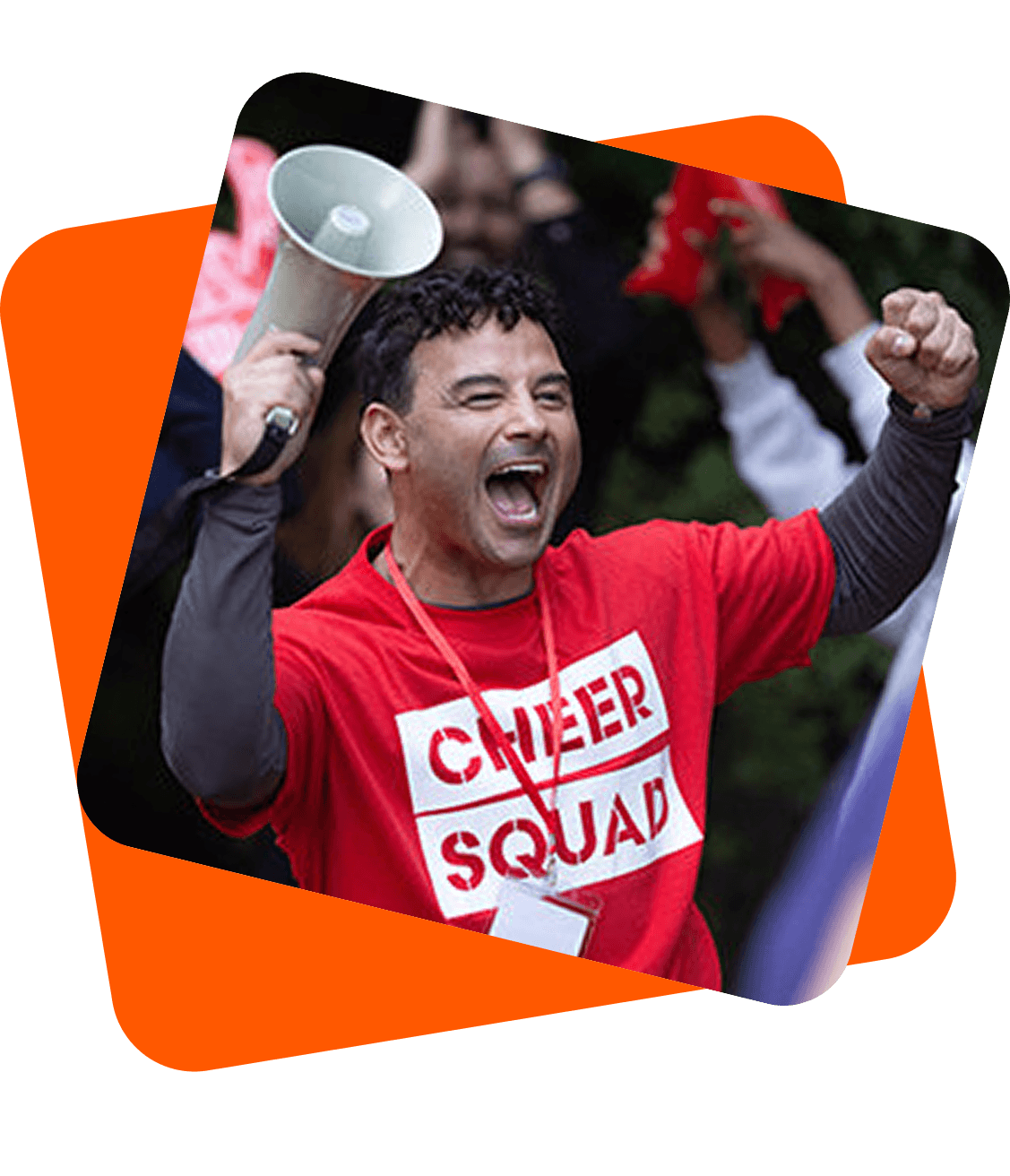 Energetic volunteer cheering with a megaphone at a community event